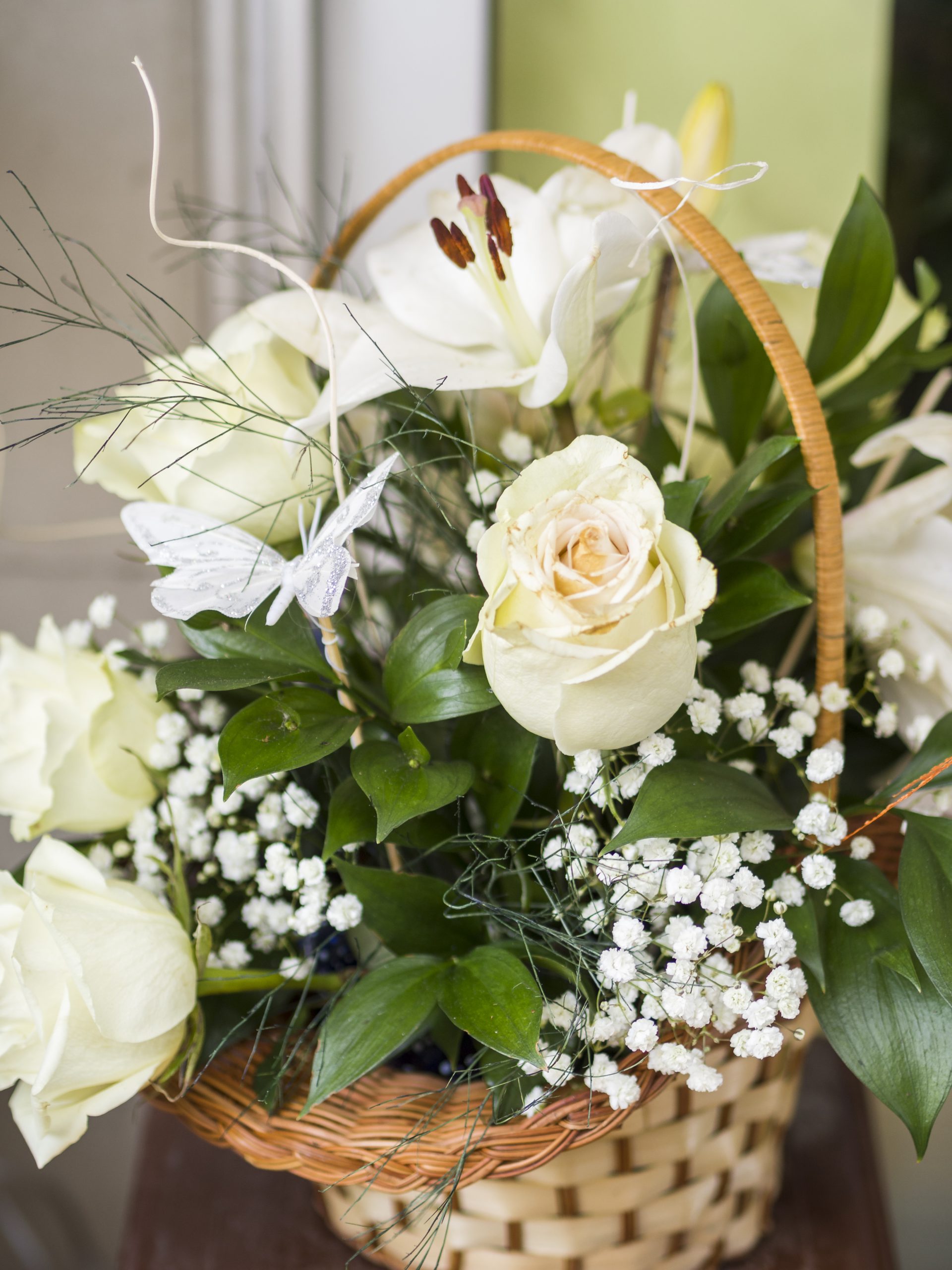 lovely white roses basket